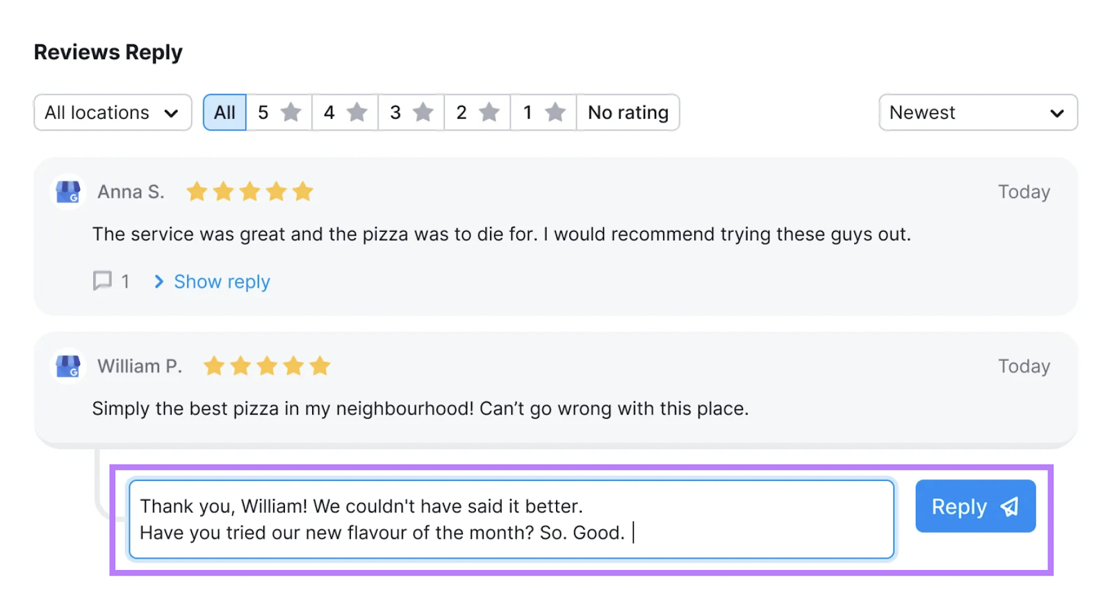 Replying to a Google review from "Reviews Reply" section