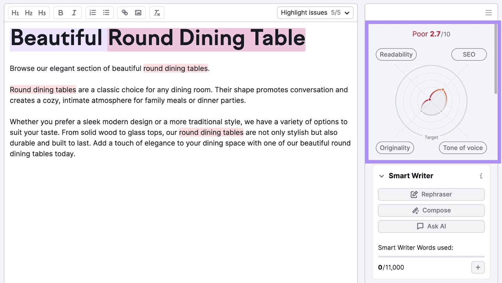 A text on beautiful round dining table and SEO Writing Assistant's score on the right-hand side