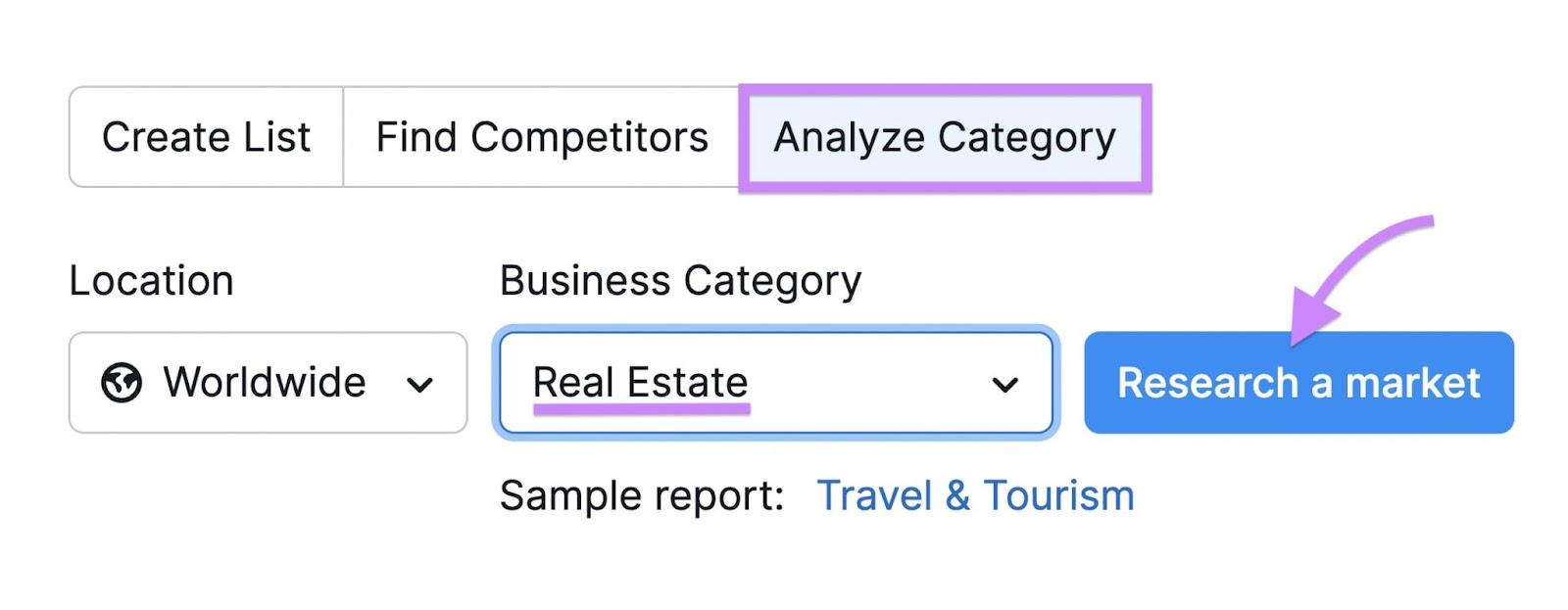 "Real Estate" business category selected in Market Explorer tool