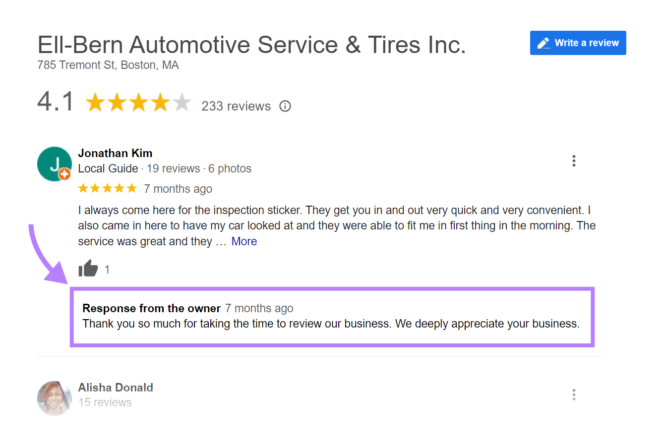 Google reviews for "Ell-Bern Automotive Services & Tires Inc,"
