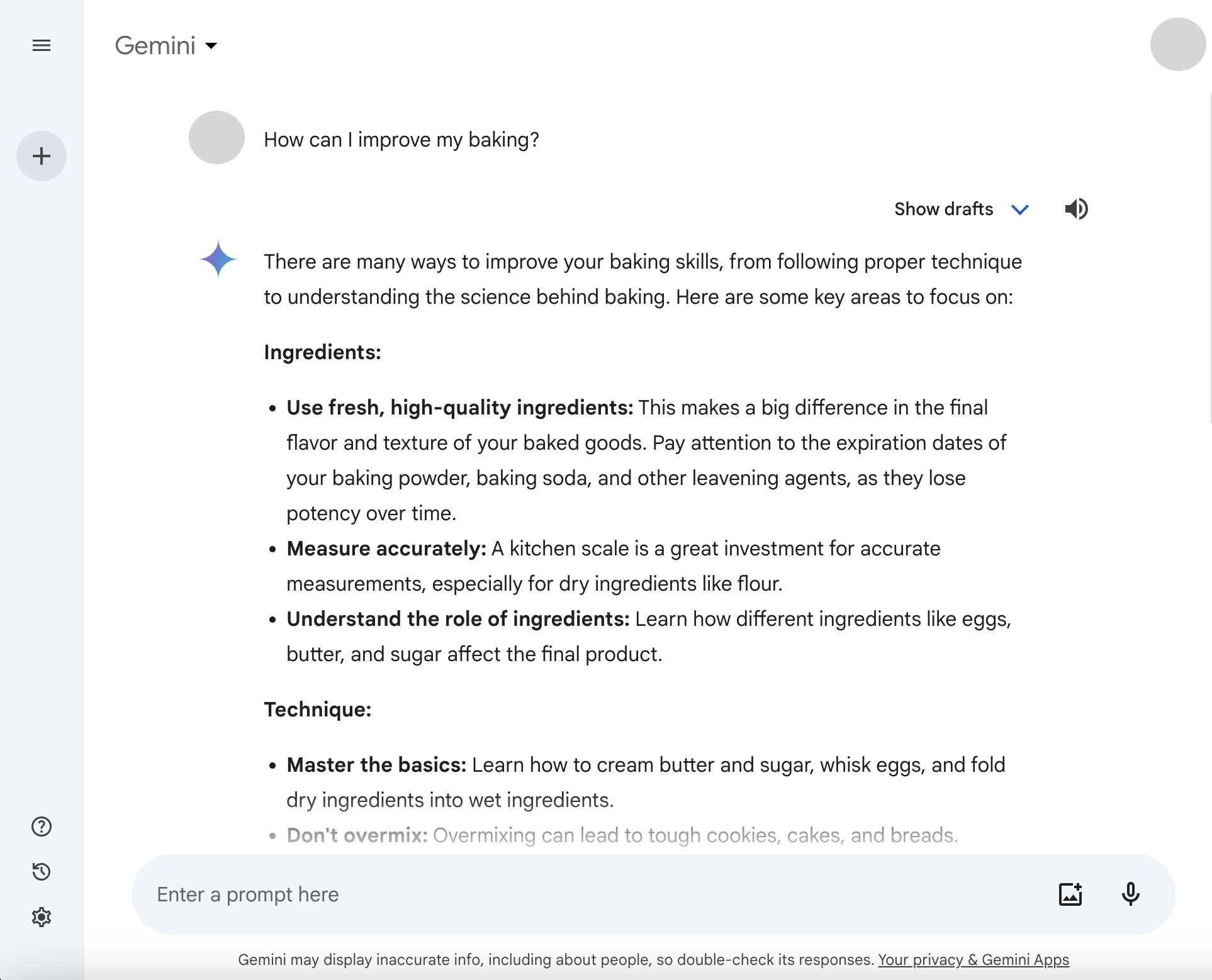 Gemini interface with the question how can I improve my baking and a response about ingredients and technique.