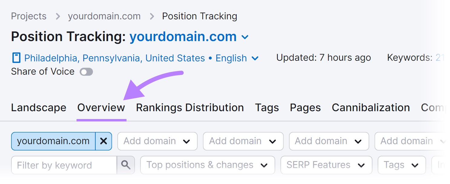 "Overview" tab selected in Position Tracking tool