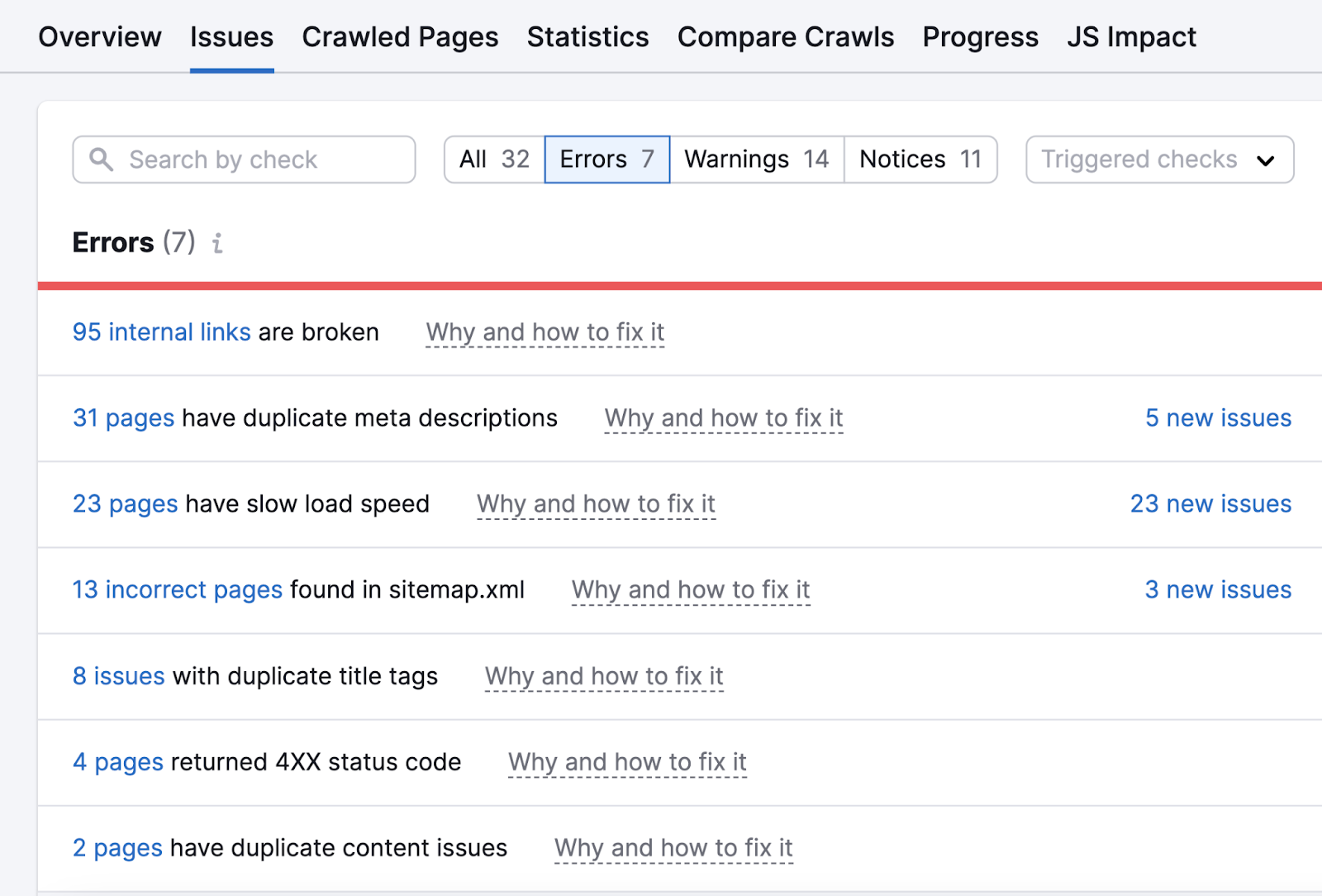 Une liste des erreurs trouvées dans l'outil d'audit de site