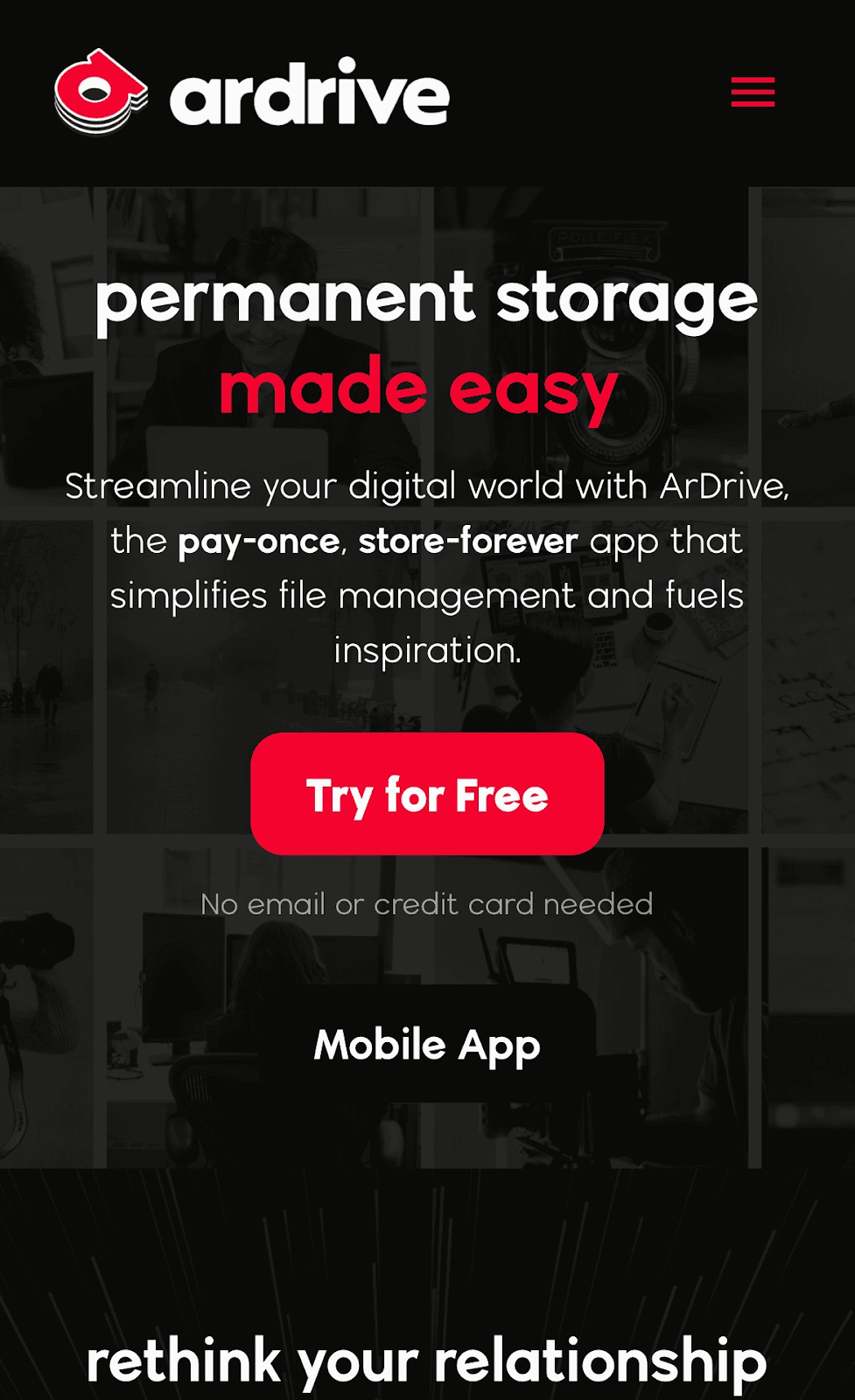 ArDrive’s homepage on mobile