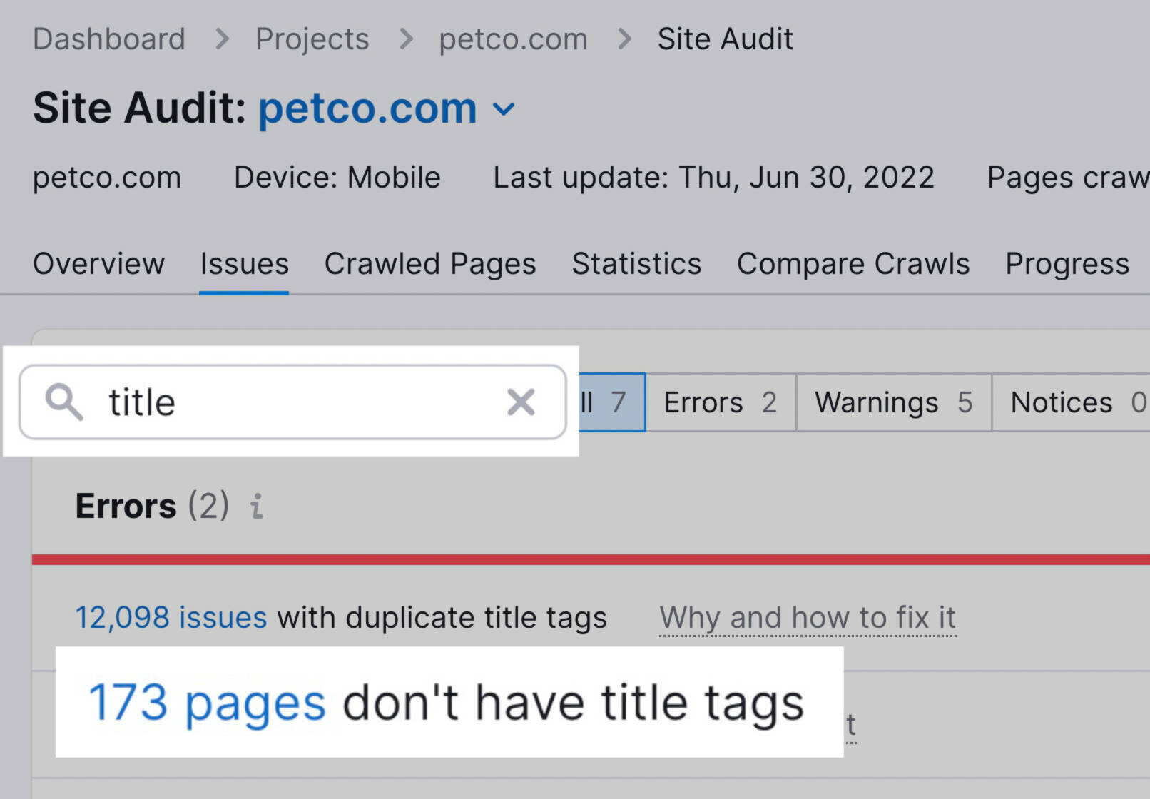 Finding missing title tags with Site Audit