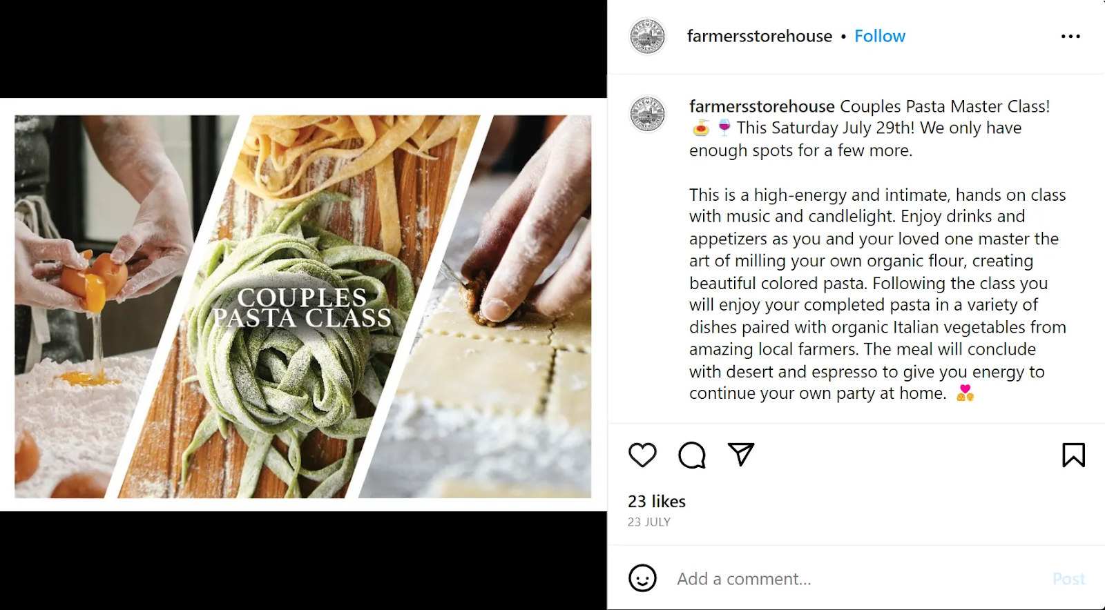 Farmer’s Storehouse announcing their event "Couples Pasta Master Class" on their Instagram page