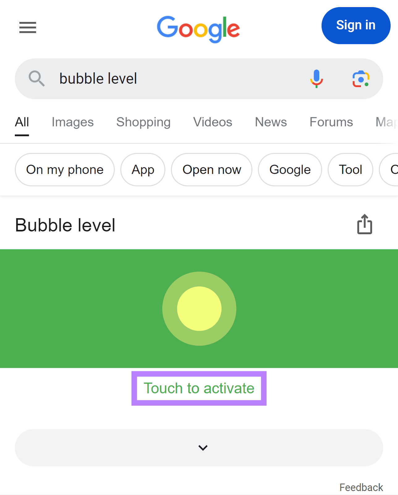 Google SERP for 'bubble level' on mobile showing Google's bubble level tool with 'Touch to activate' highlighted