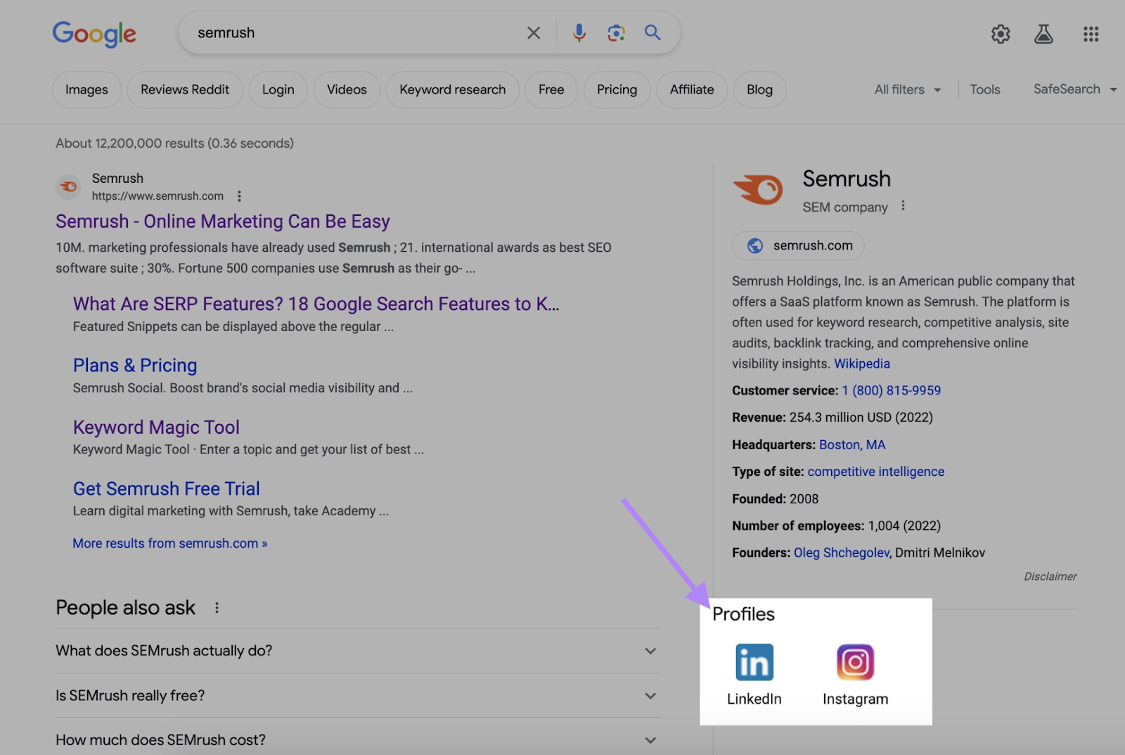Semrush knowledge panel in the SERPs with LinkedIn and Instagram profiles highlighted
