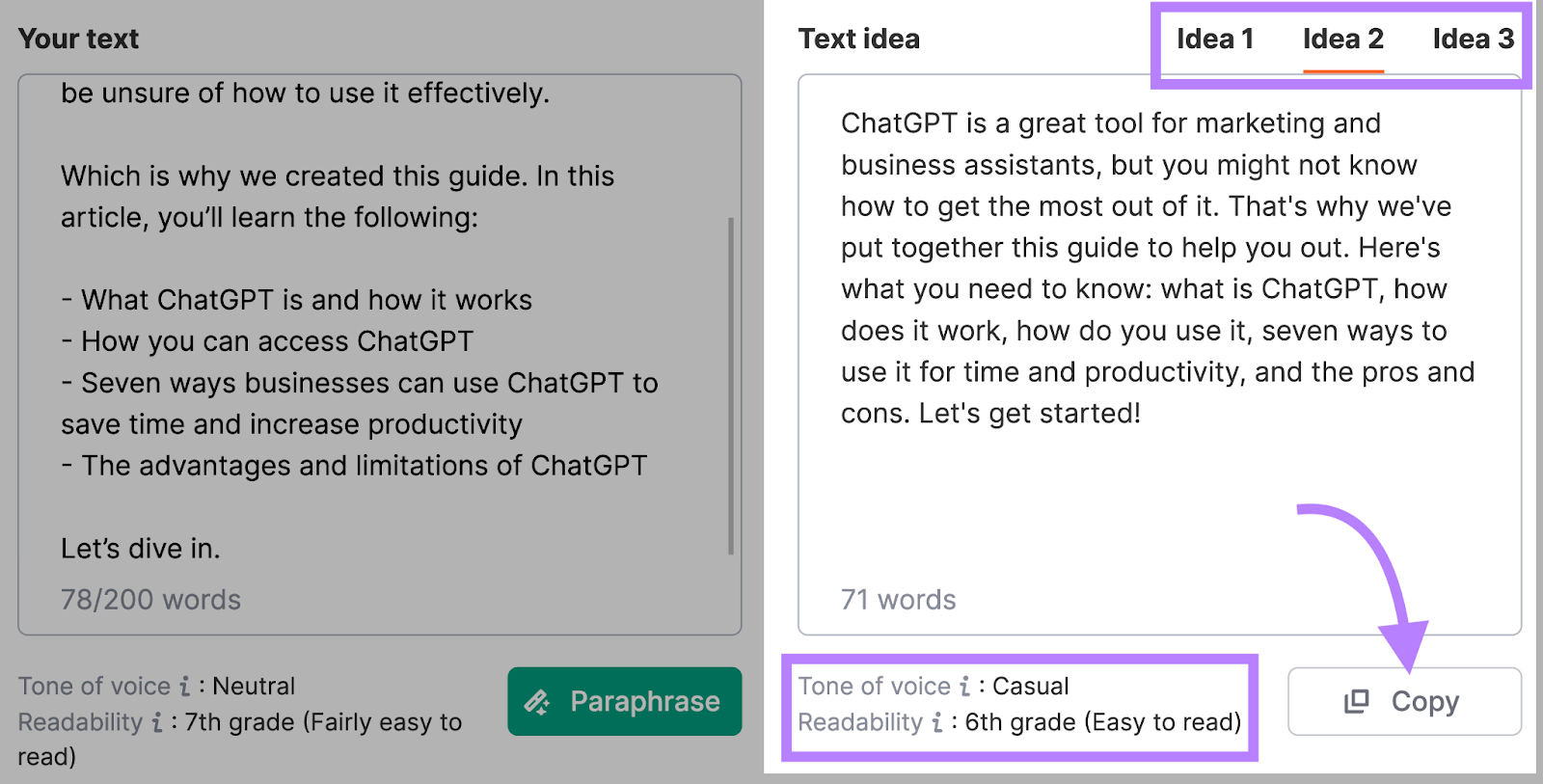 Paraphrasing Tool's results for an entered text provides three ideas to paraphrase it