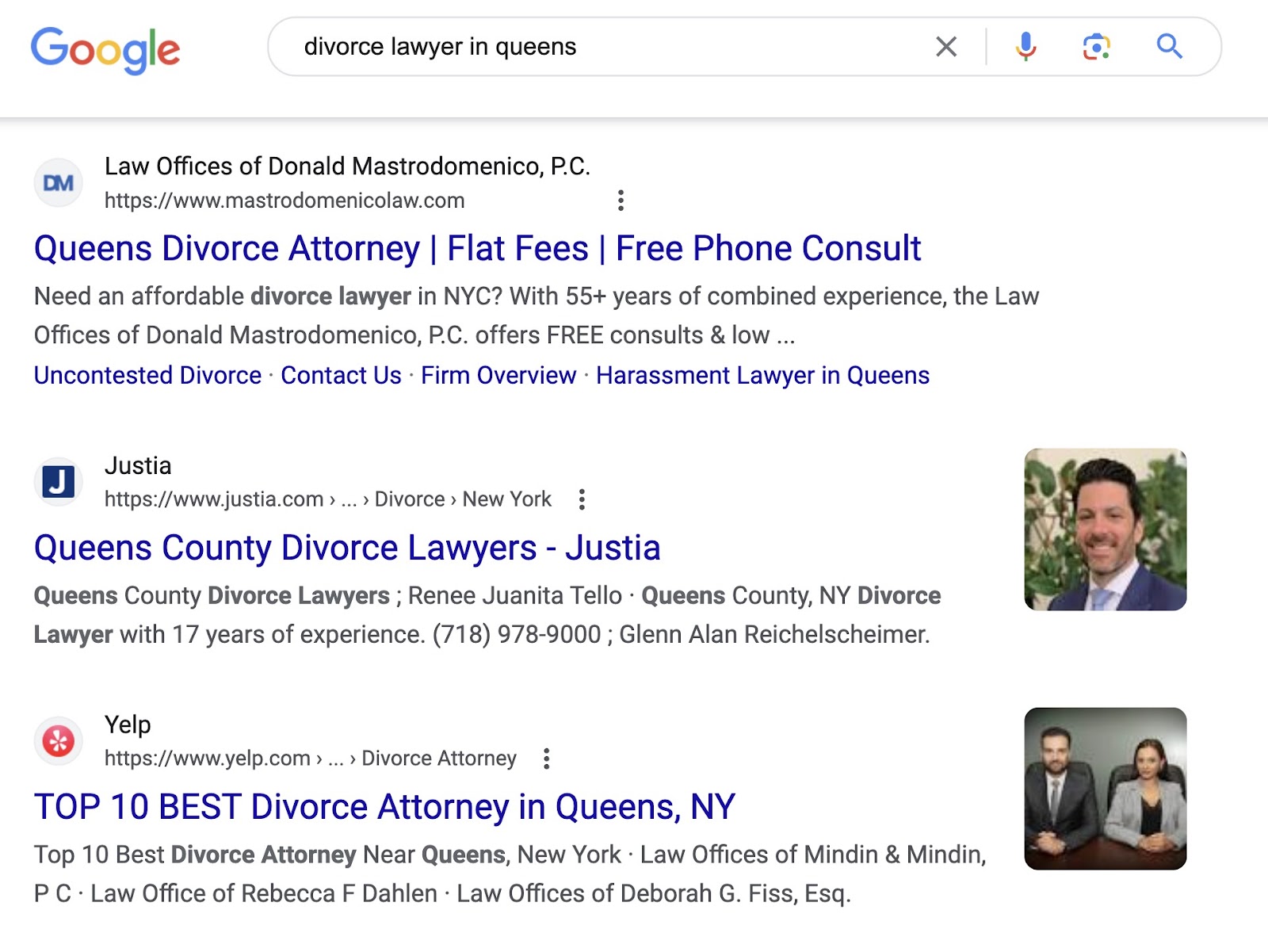 Google's SERP for “divorce lawyer in queens” query