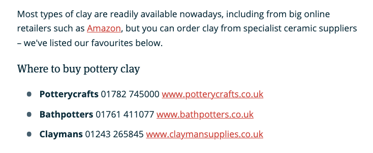 "Where to buy pottery clay" section of Guide to Pottery Techniques