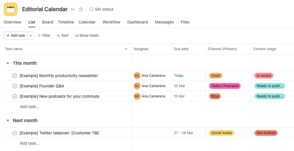 Asana editorial calendar