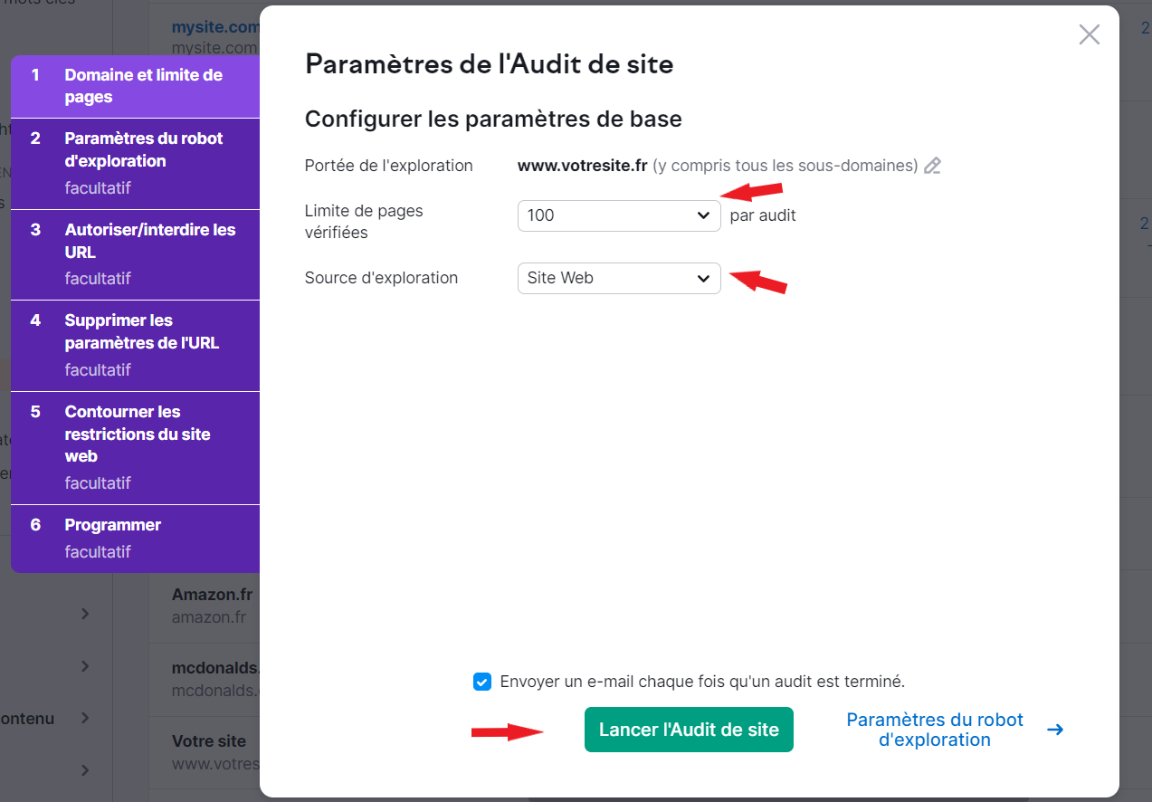 Paramètres d'Audit de site