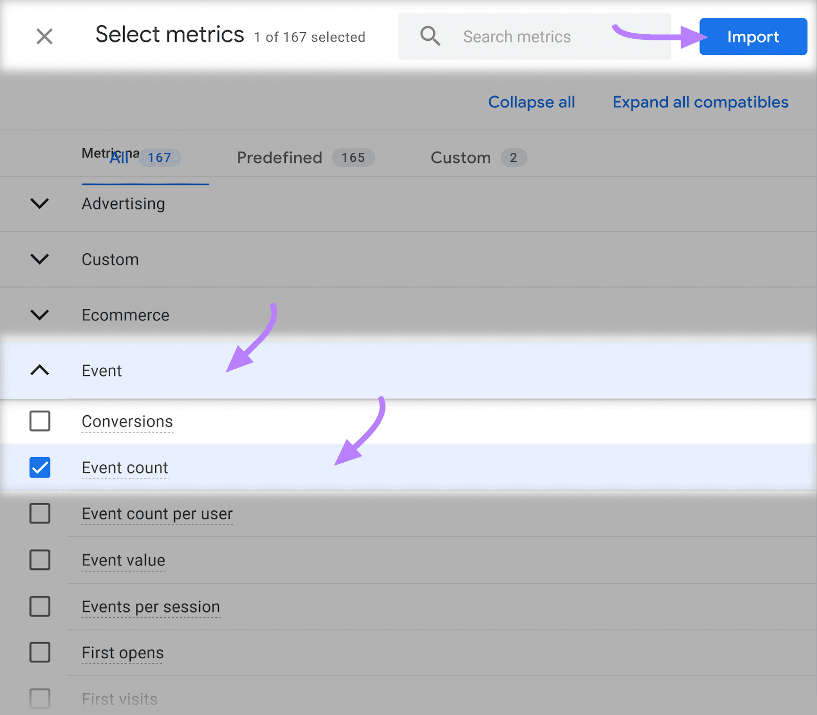 “Event count" selected under "Select metrics" drop-down menu