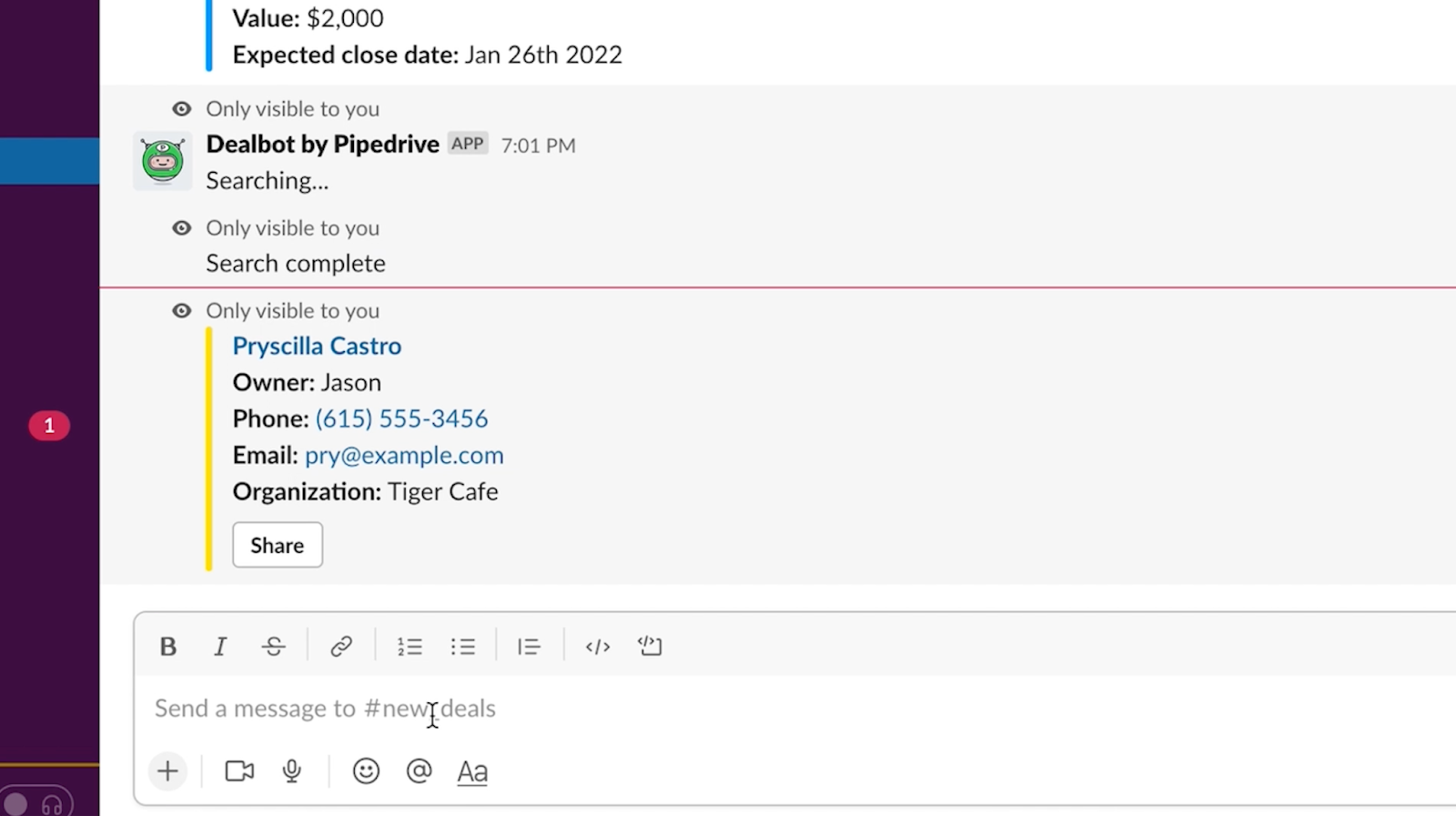 An example of a sales update message in Slack by Dealbot