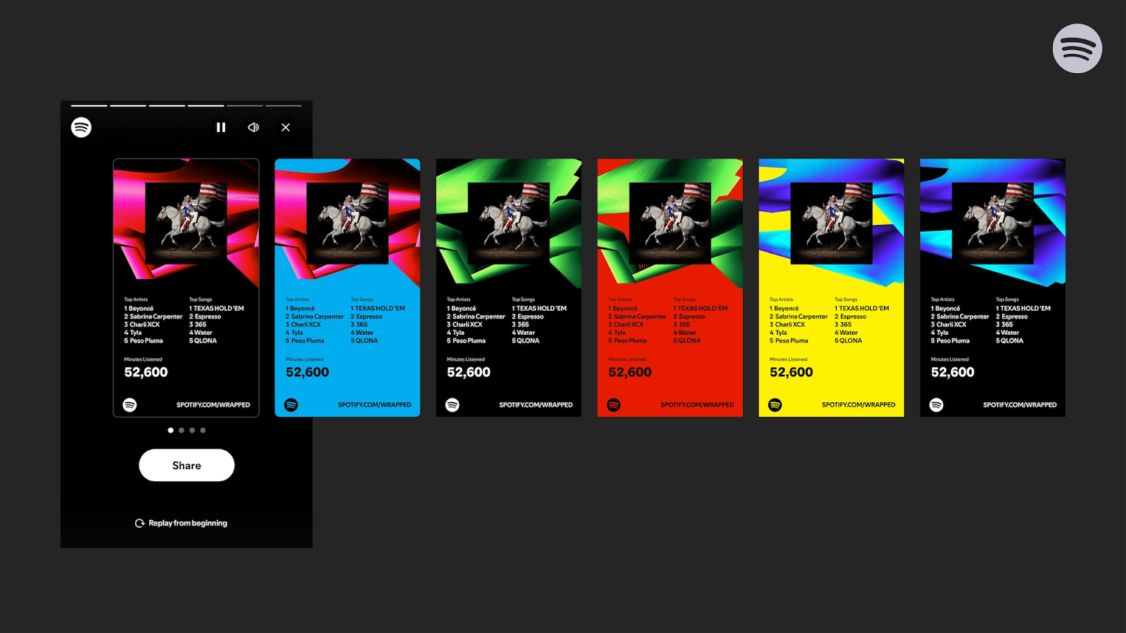 14 Best Social Media Campaigns to Inspire You in 2025 4 Spotify Wrapped summary images in various colors.