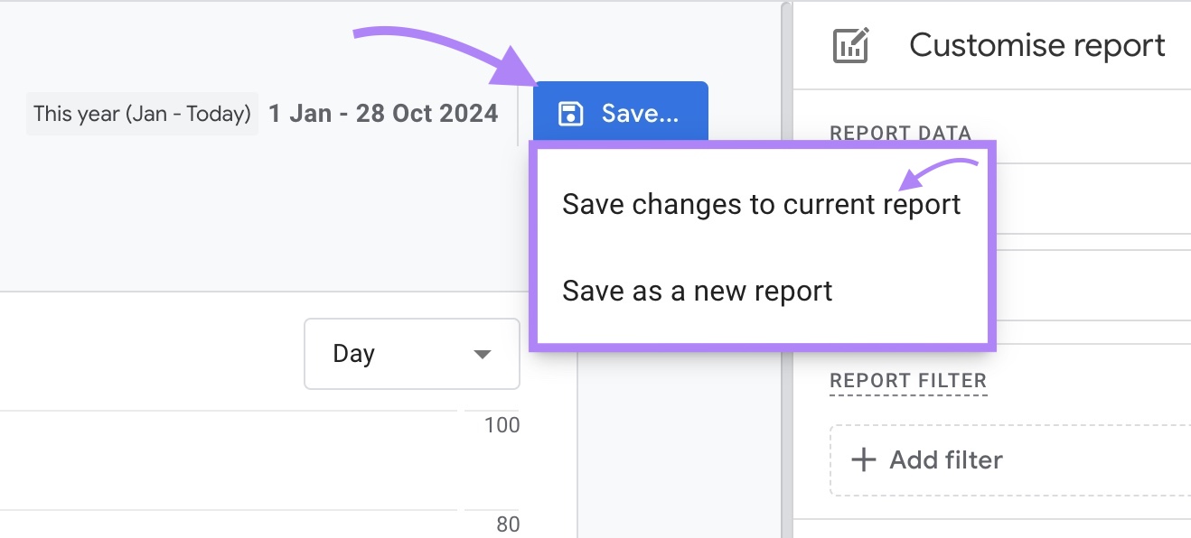 "Save" clicked and “Save changes to current report” selected from the drop-down to make permanent changes to a report on GA4.