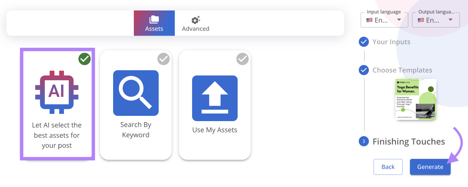 "Let AI select the best assets for your post" option selected