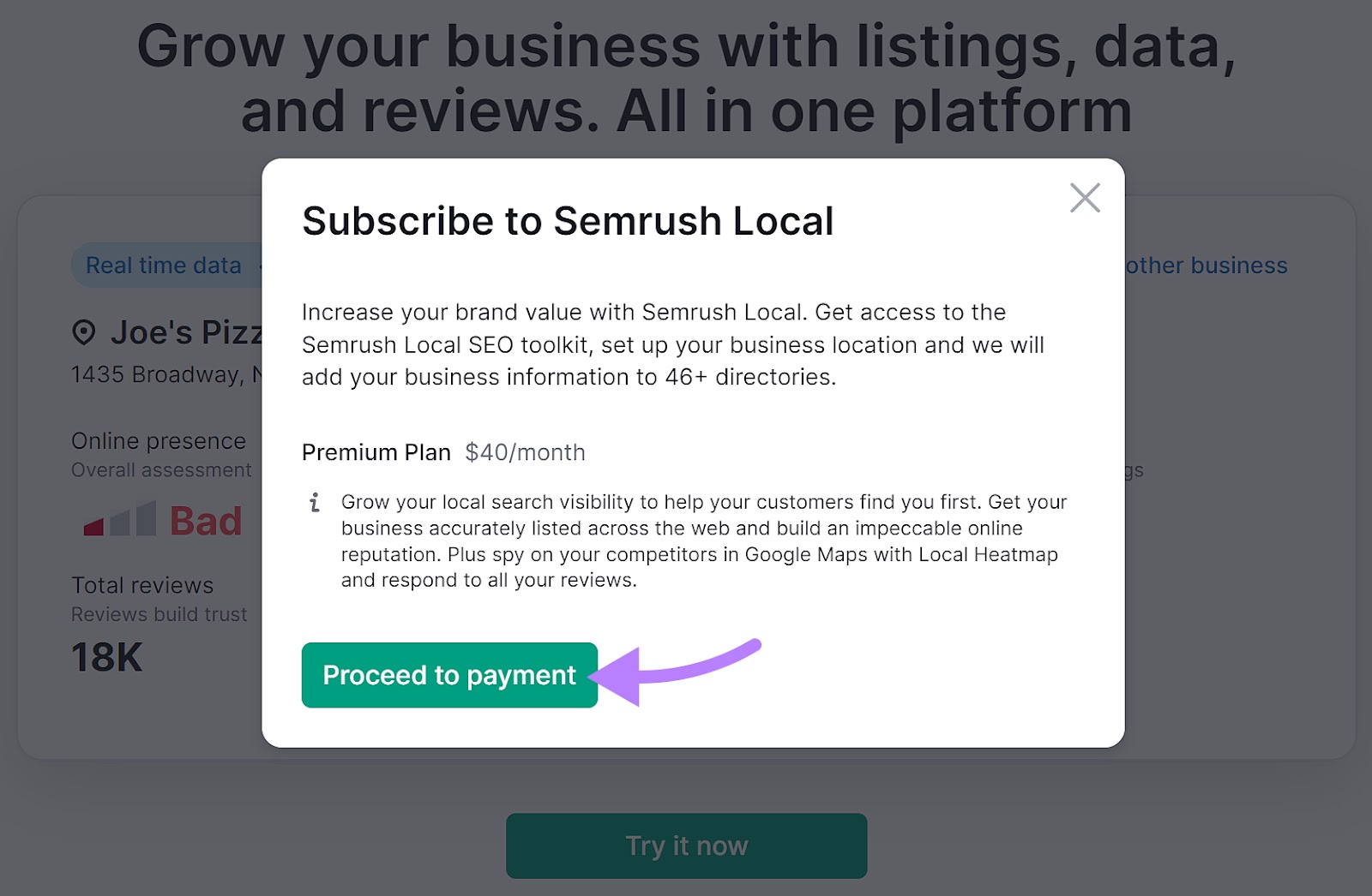 Pop-up showing the Semrush Local description and pricing plan. "Proceed to payment" button is highlighted.