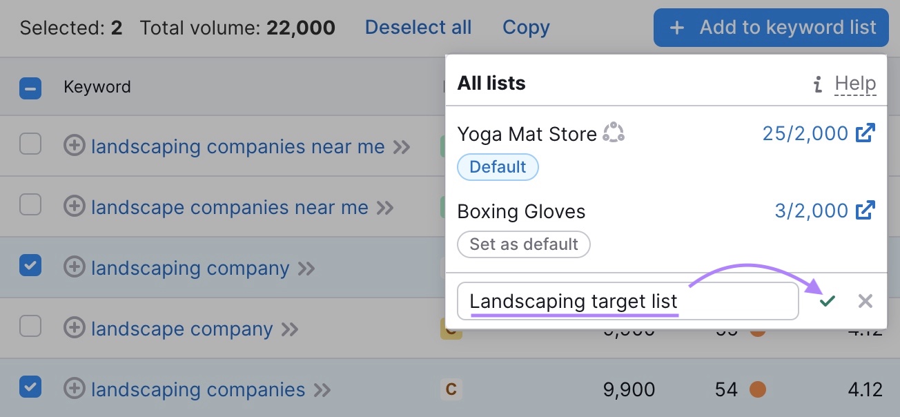 create a new empty keywords list option