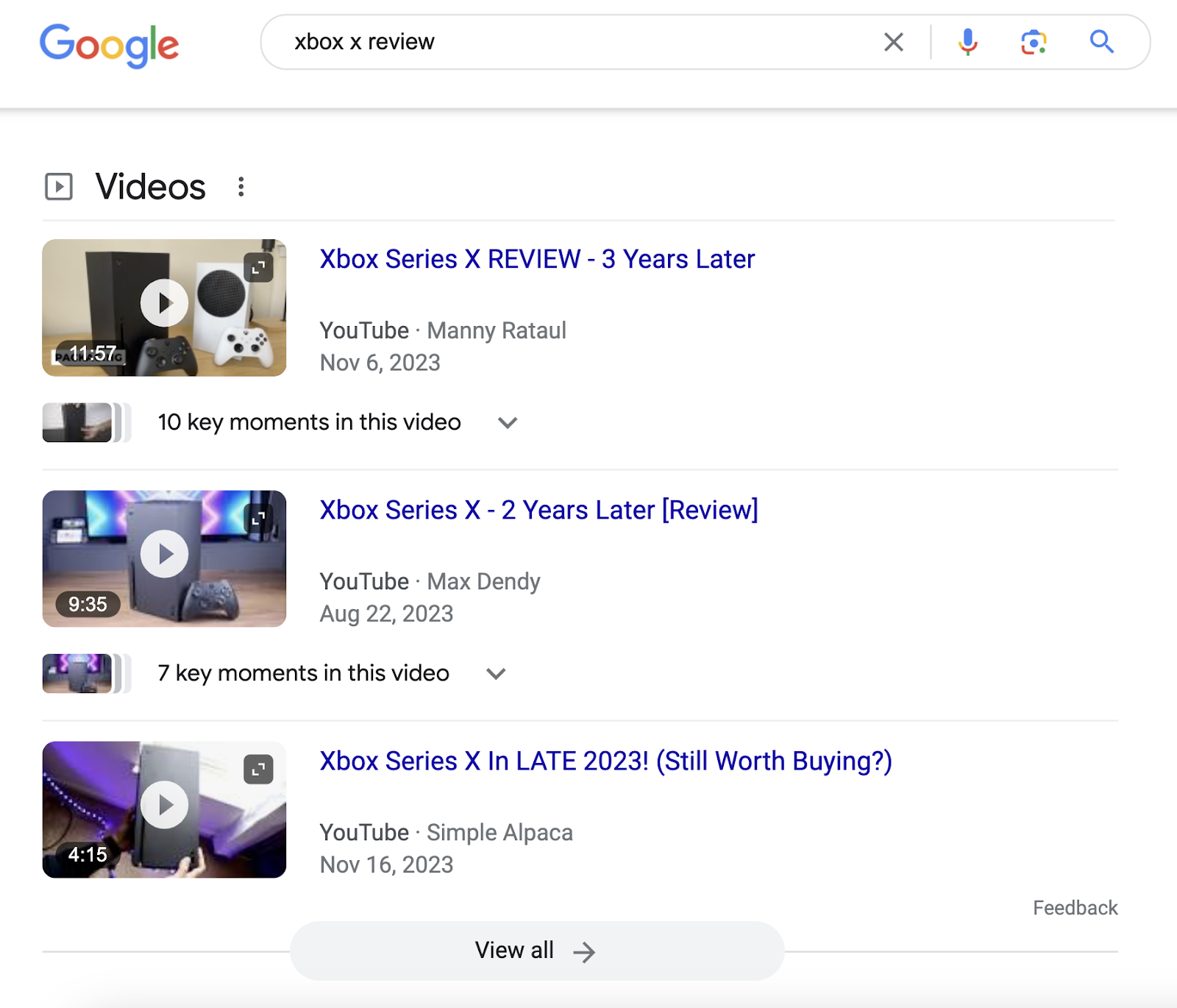 "Videos" section on Google SERP for "xbox x review" query