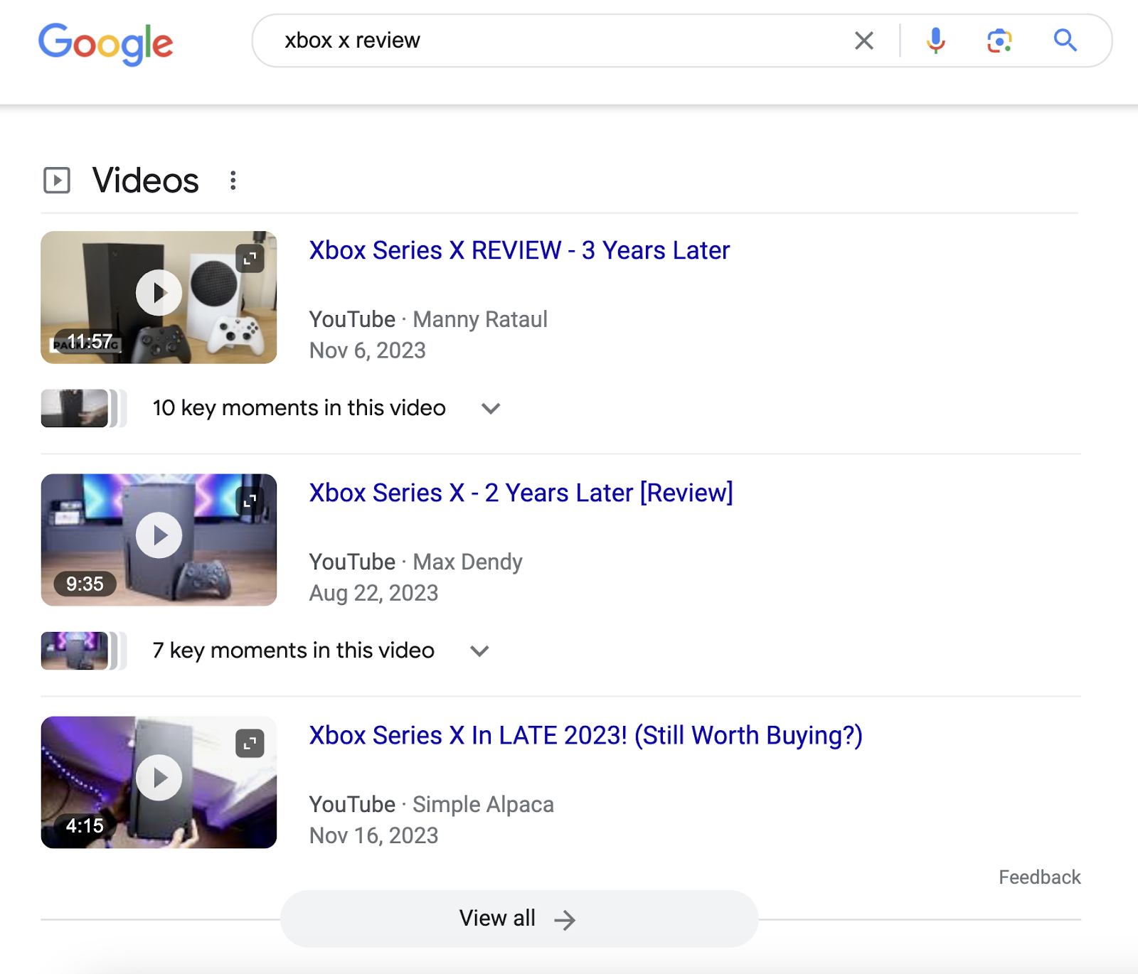 "Videos" conception  connected  Google SERP for "xbox x review" query