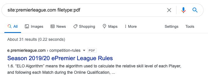 filetype दिखाने वाला खोज ऑपरेटर