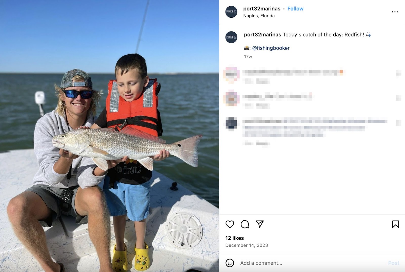 person and child holding a large fish with the instagram caption "Today's catch of the day: Redfish!"