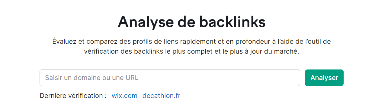 Page d'accueil d'Analyse de backlinks de Semrush