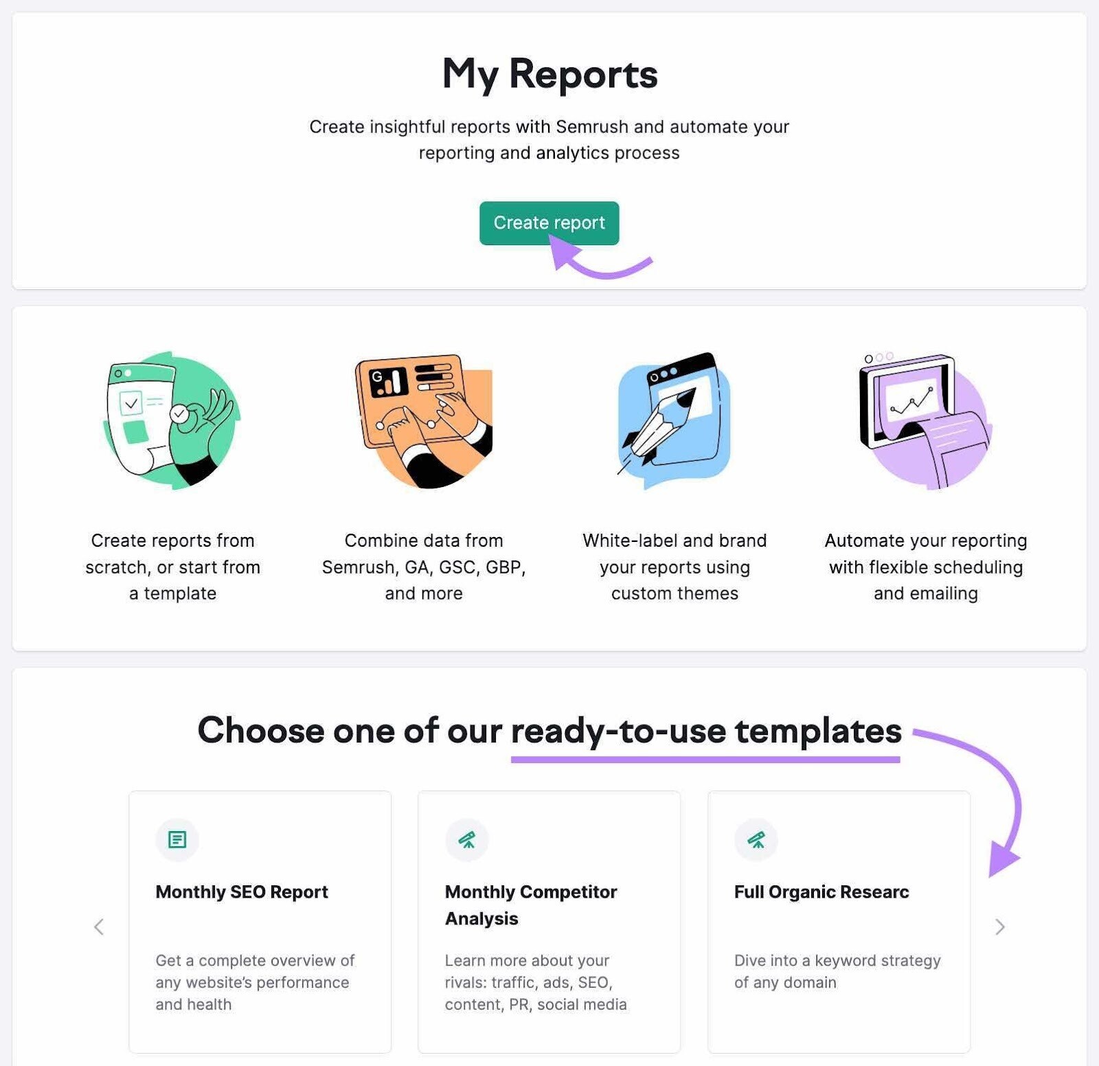 Semrush’s My Reports tool landing page