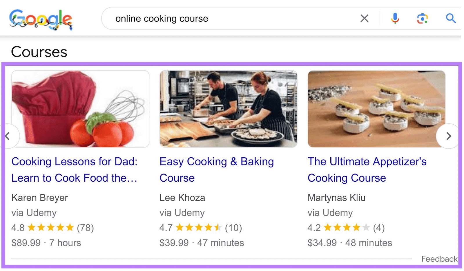 Courses carousel rich result for 'online cooking course' search.