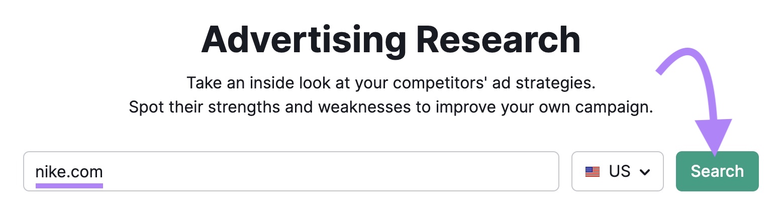 "nike.com" entered into the Advertising Research tool search bar