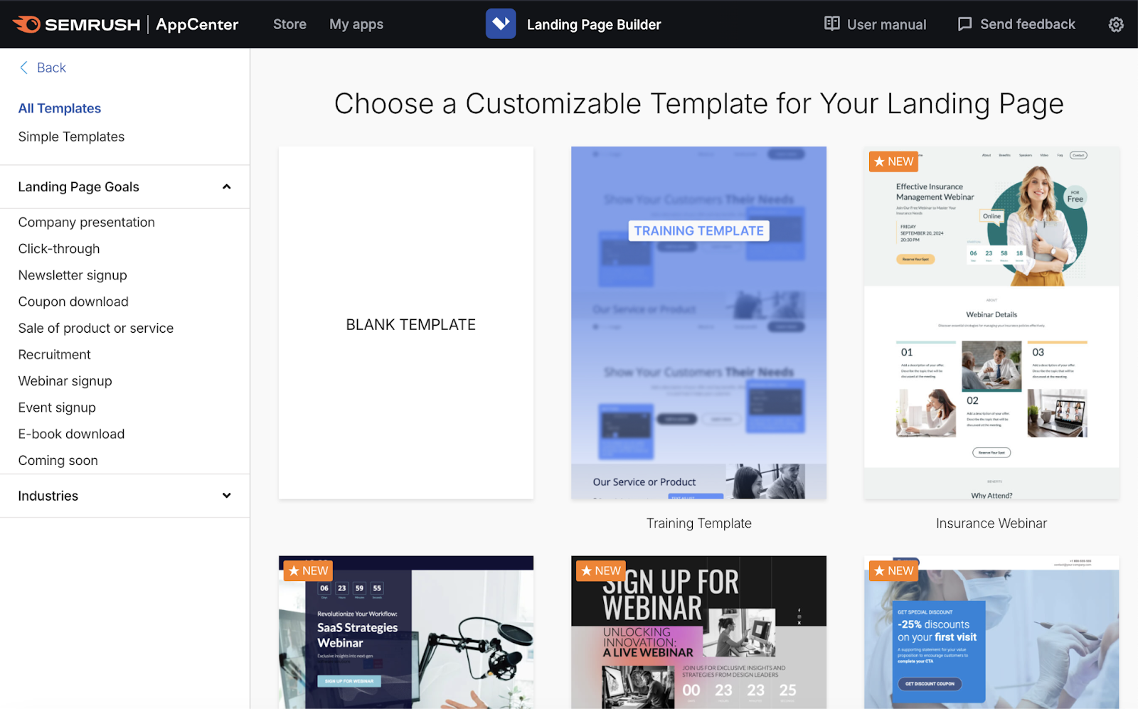 Template library in the Landing Page Builder app