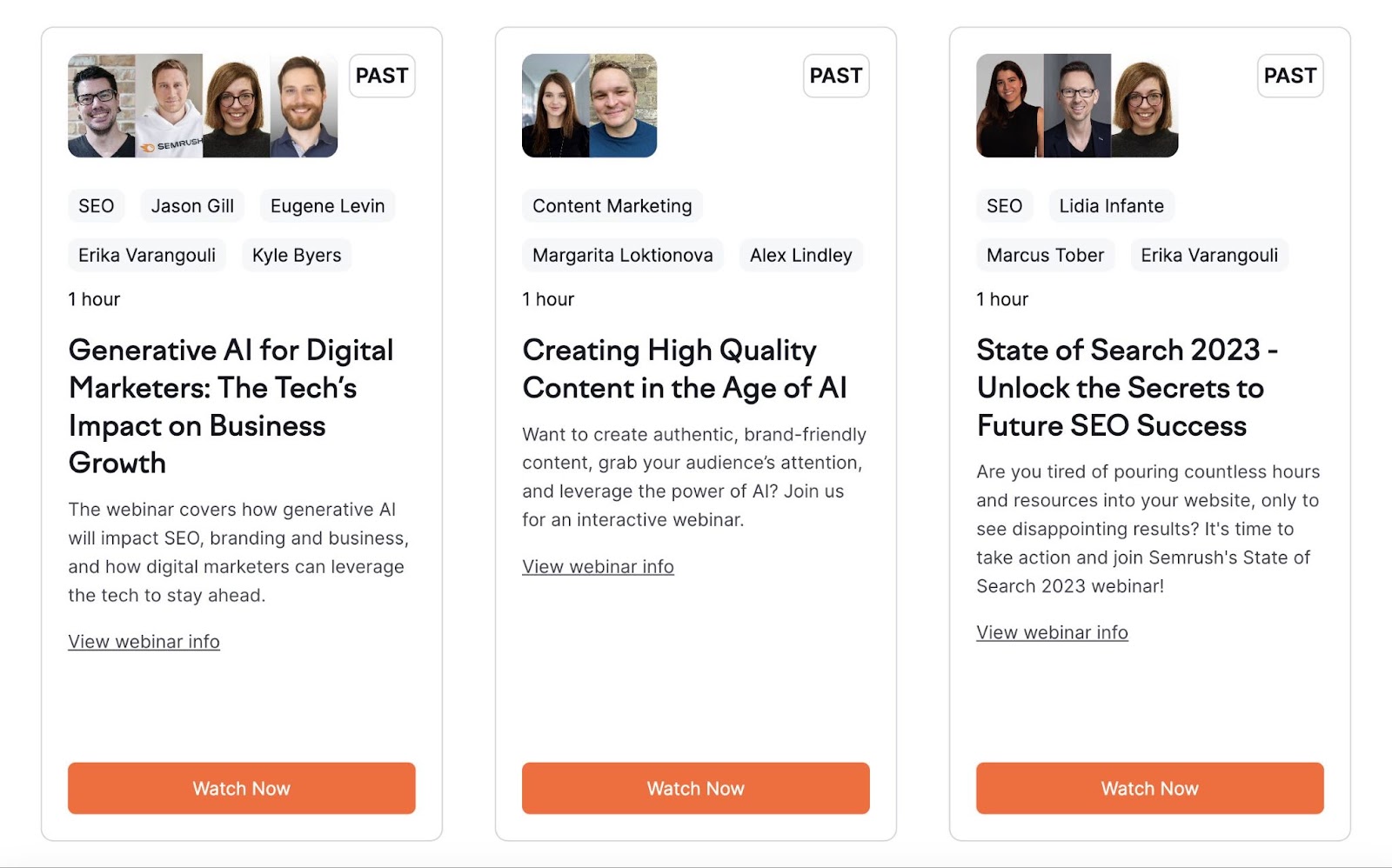 Semrush's pre-recorded webinars with "Watch Now" CTA