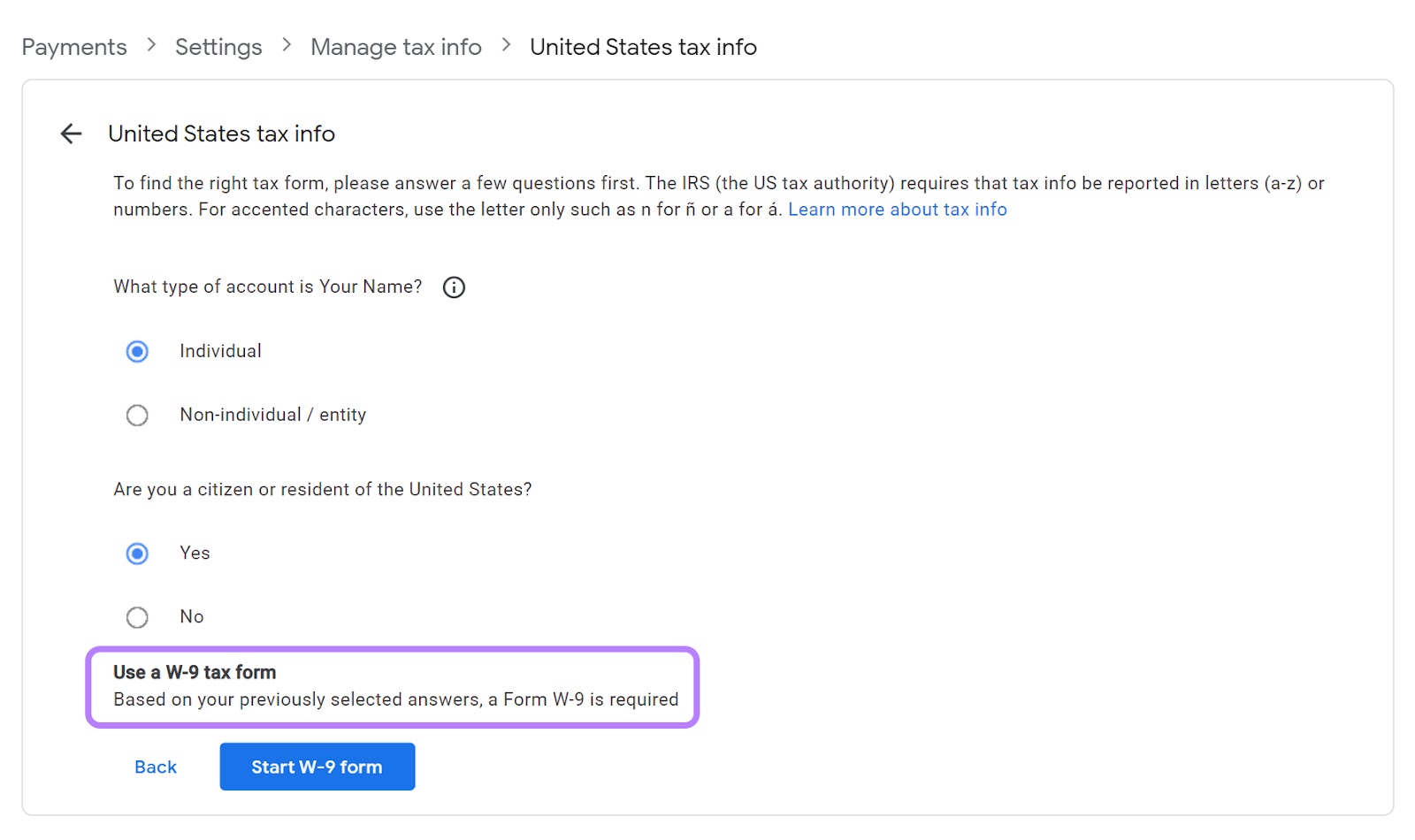 "United States tax info" page in Google AdSense account