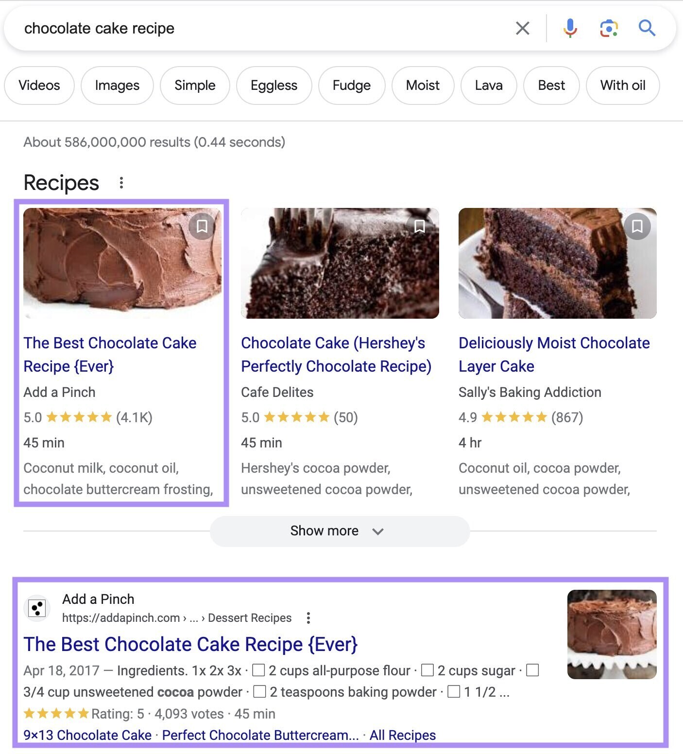 Google’s first results for “chocolate cake recipe” is from "Add a Pinch"