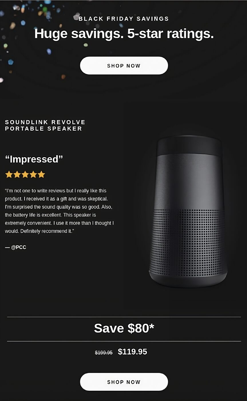 Email marketing example by Bose highlighting one of their products with a prominent customer review.