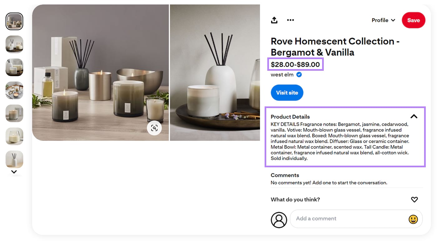 Pinterest product rich Pin example.