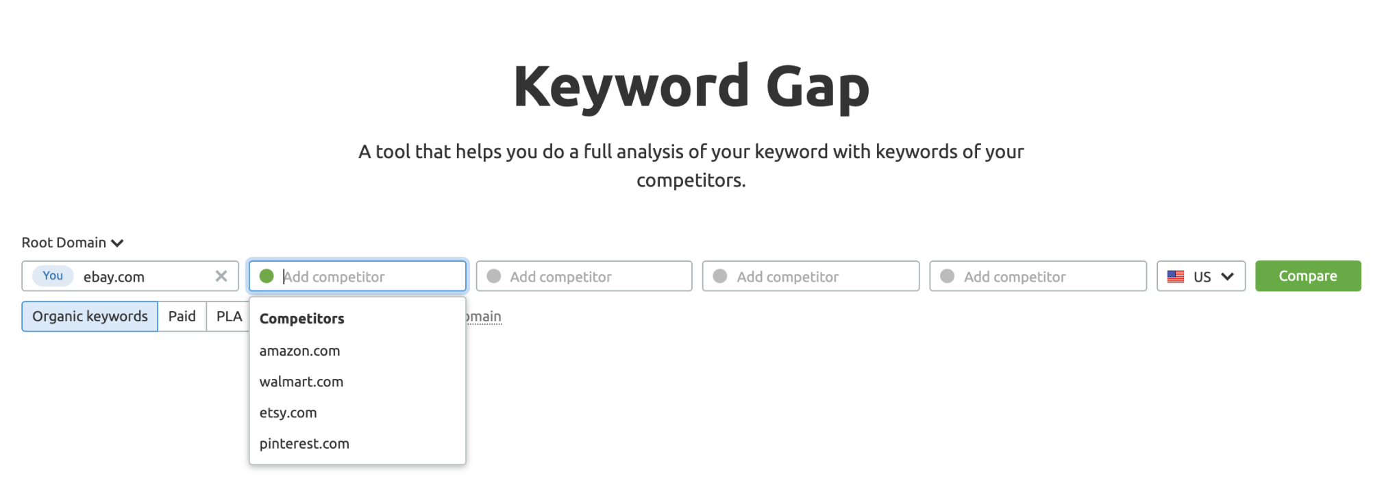 Keyword Gap home screen