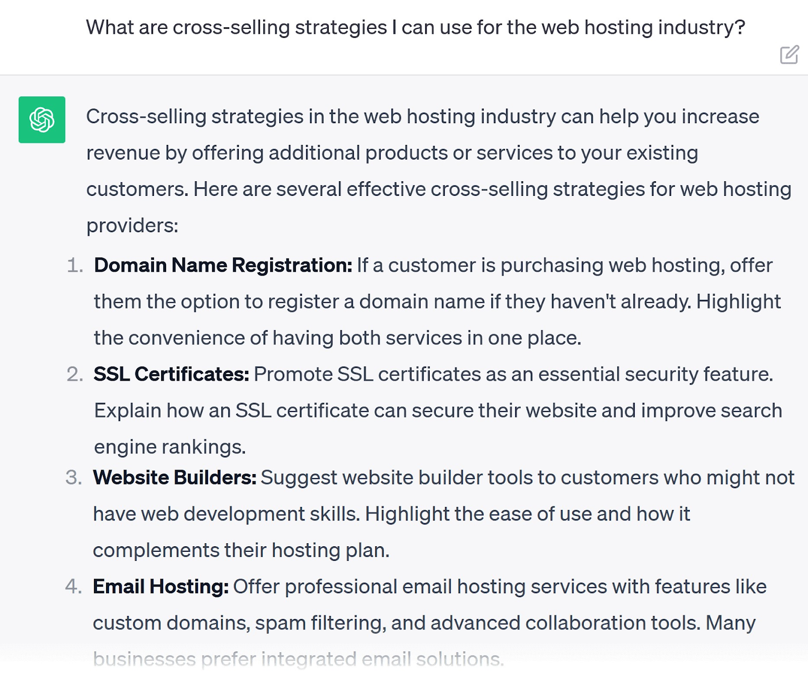 A prompt asking ChatGPT "What are cross-selling strategies I can use for web hosting industry?"