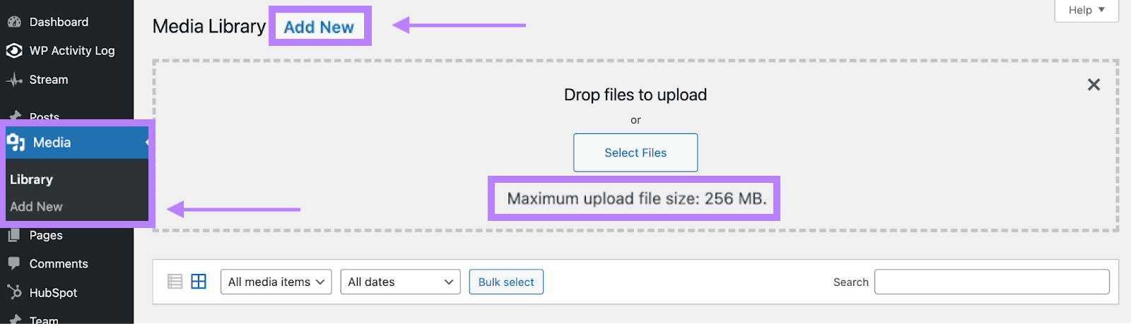 "Maximum upload file size: 256 MB" message in WordPress