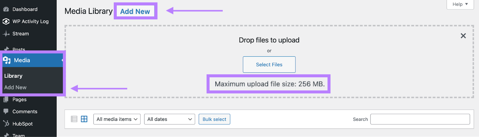 Mensaje "Tamaño máximo de archivo subido: 256 MB" en WordPress