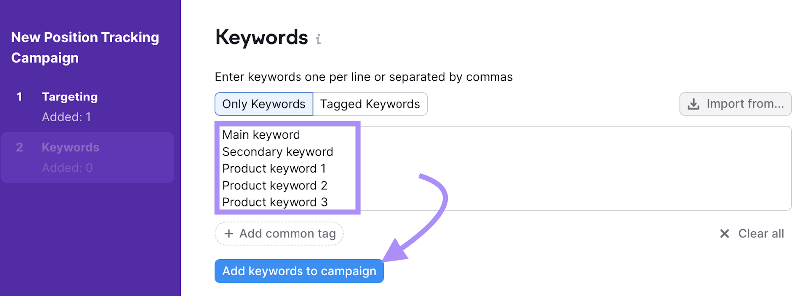 "Keywords" settings model   successful  Position Tracking tool