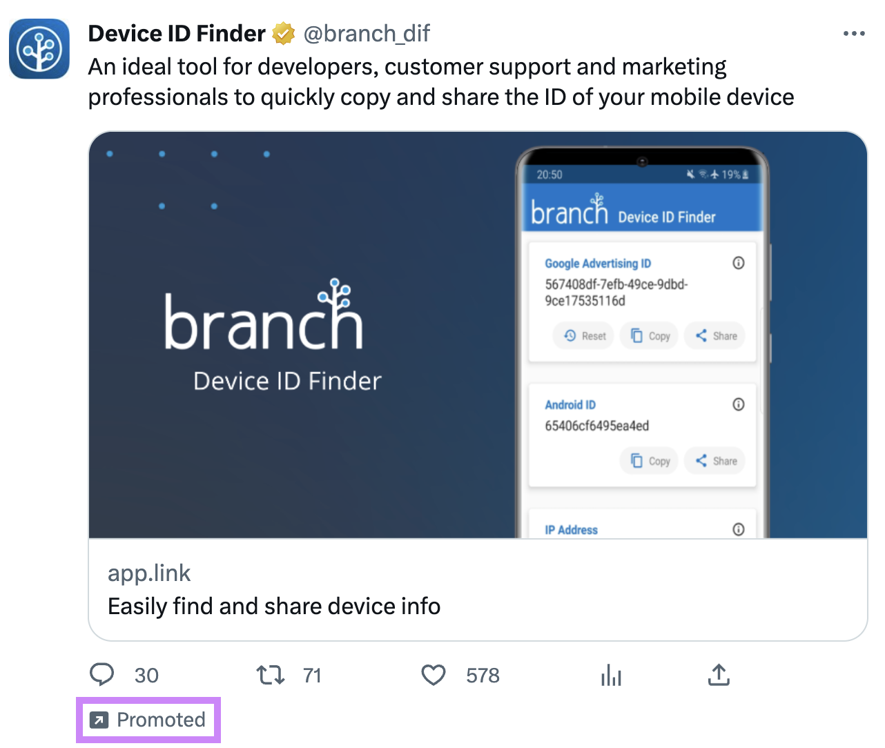an example of paid Twitter ad from Device ID Finder