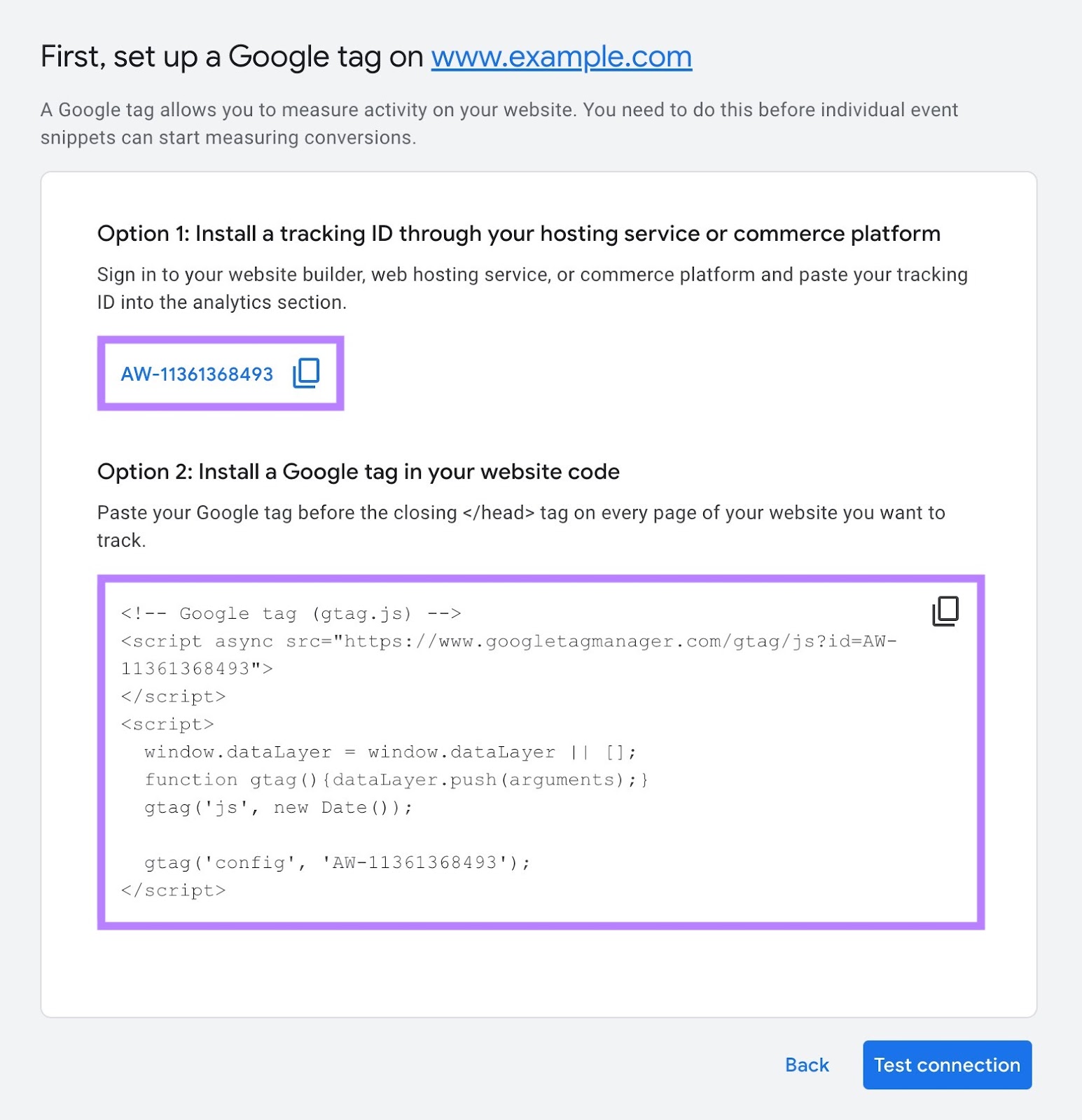 Page to set up conversion tracking with options to install a tracking ID through a hosting service or by pasting the code directly into a site's HTML.