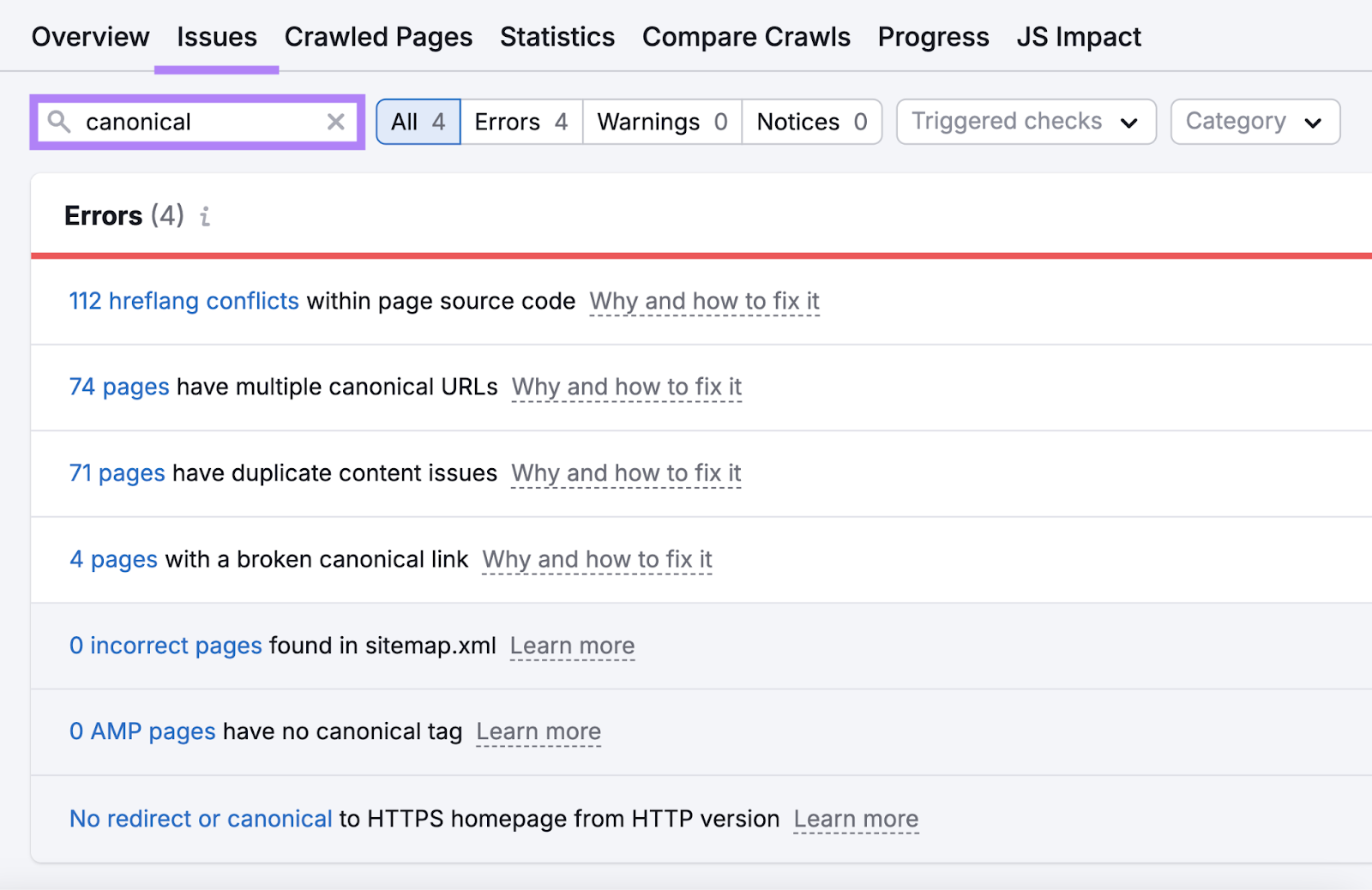 Canonical errors listed include multiple canonical URLs, duplicated content issues, broken canonicals, and more.