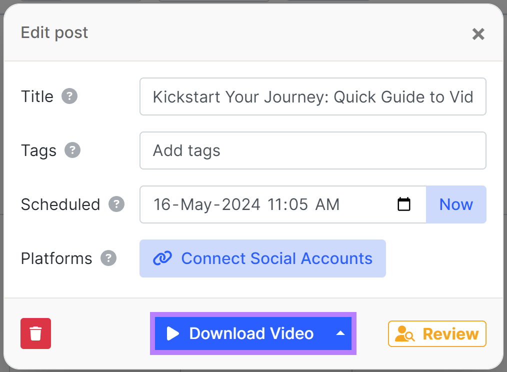Edit post popup with Download Video button highlighted after video rendering completes.