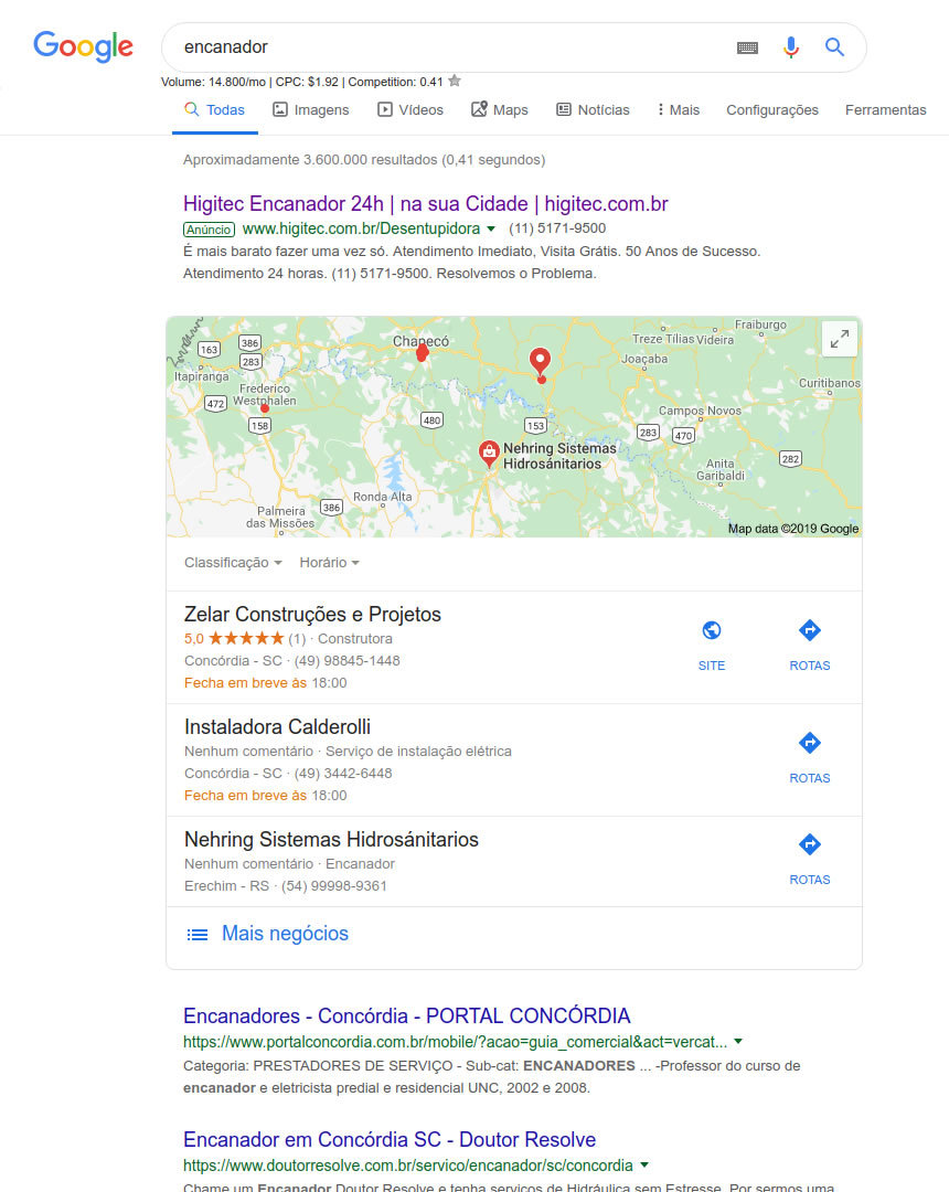 Resultados de busca do Google para palavra-chave encanador