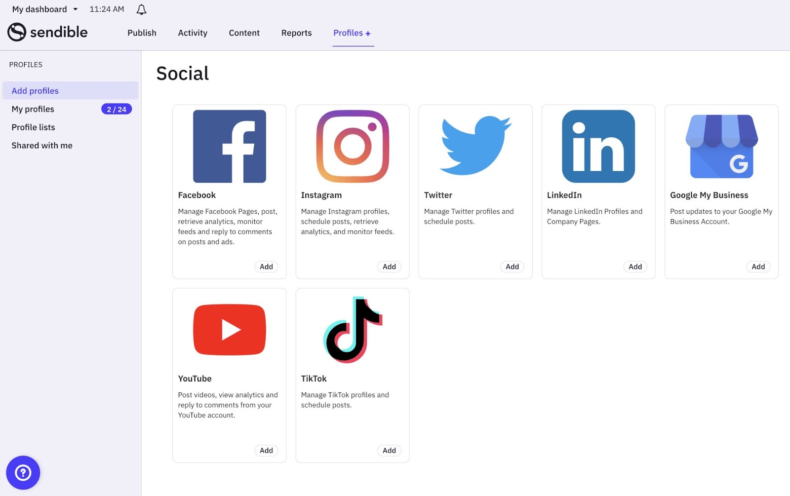 Sendible interface showing social media tiles - Facebook, Instagram, Twitter, LinkedIn, Google My Business, YouTube and TikTok