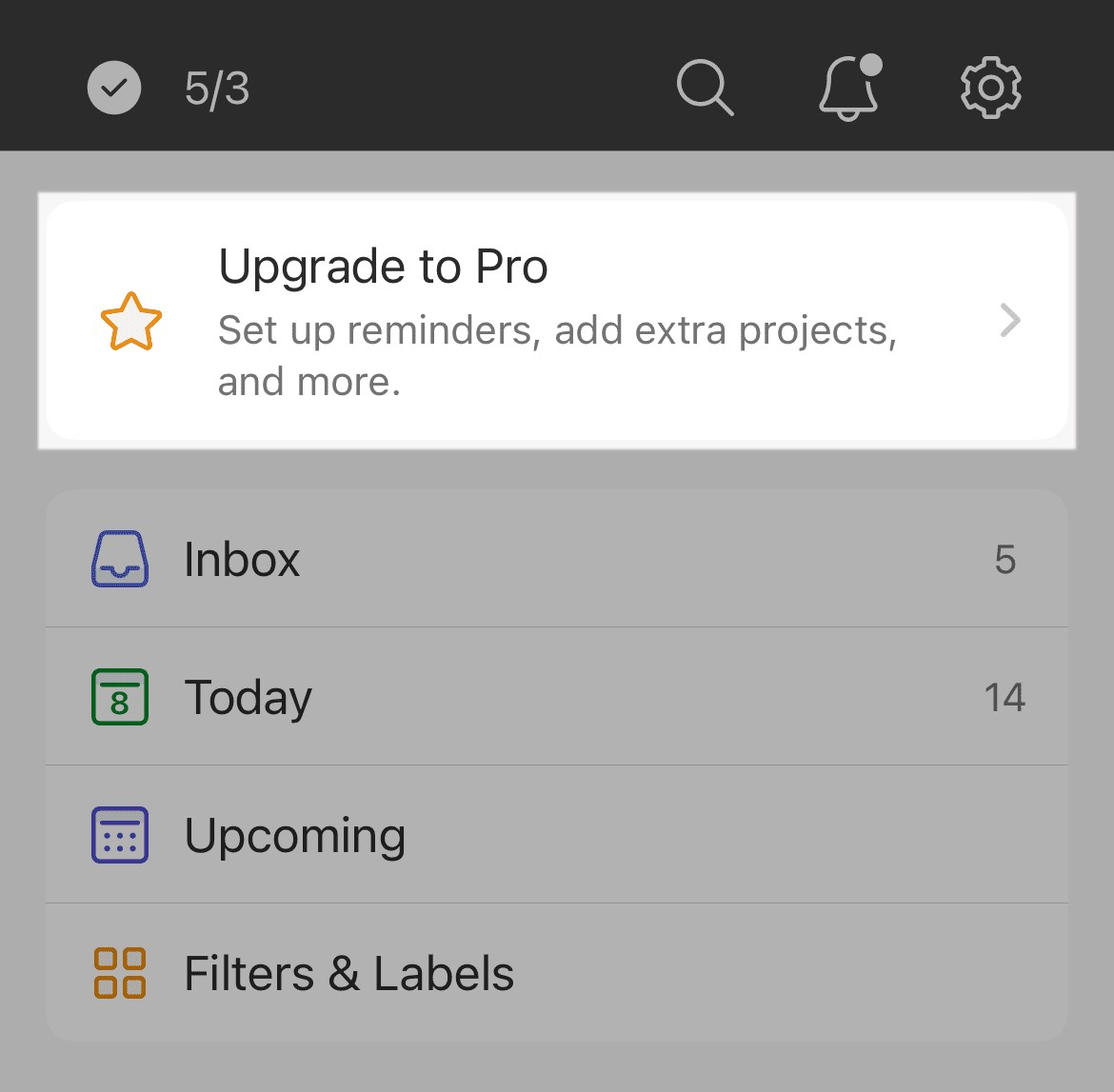 Native ad in Todoist mobile app encouraging users to upgrade to a Todoist Pro plan